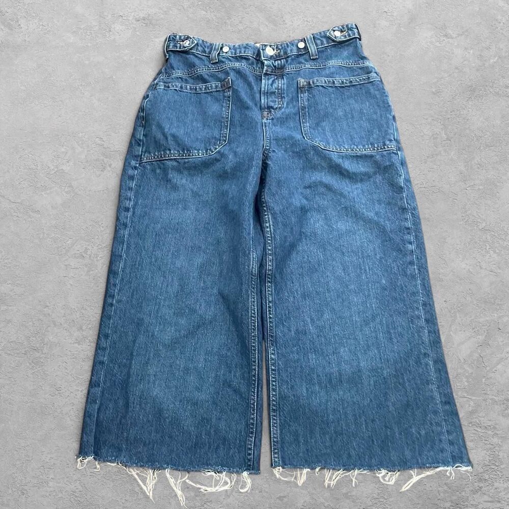 Free People We The Free Palmer Wide Leg Jeans 29 Cropped Raw Hem Grunge Boho